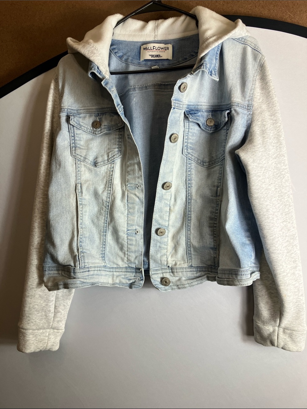 Wallflower Light Blue Denim Jacket with Grey Hoodie Sleeves